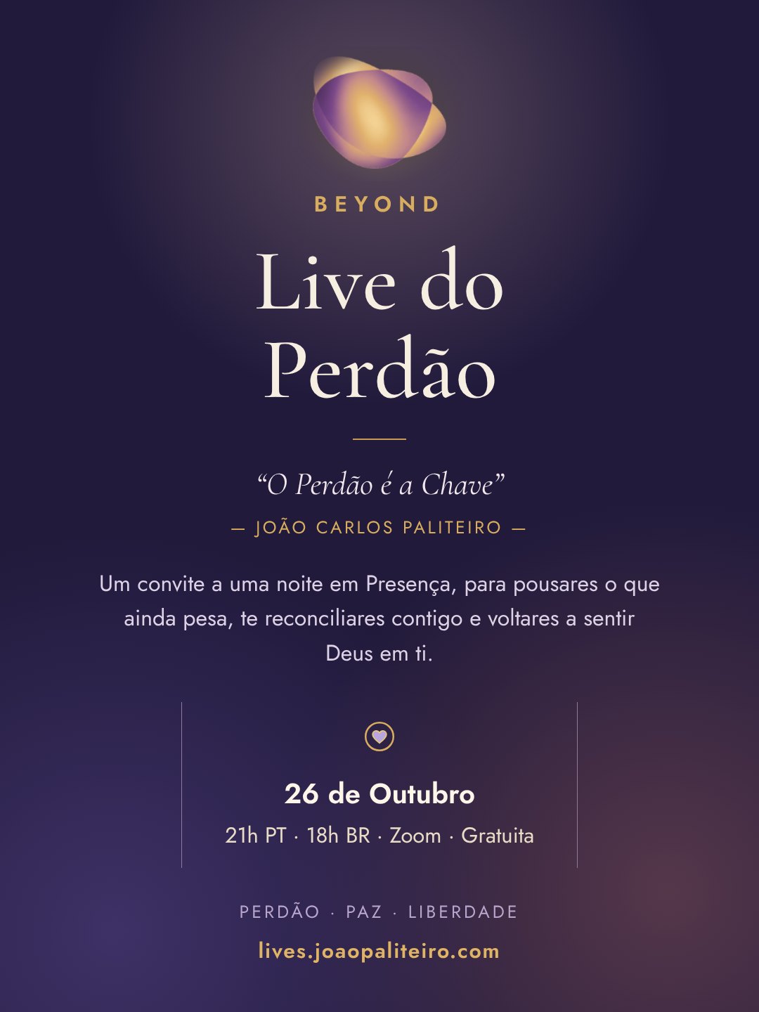 Live do Perdão · 26 de outubro · 21h PT · 18h BR · Zoom · Gratuita